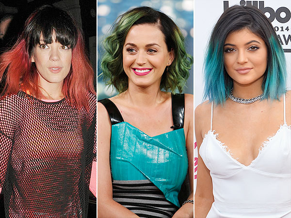 Lily Allen red hair, Katy Perry green hair, Kylie Jenner blue hair